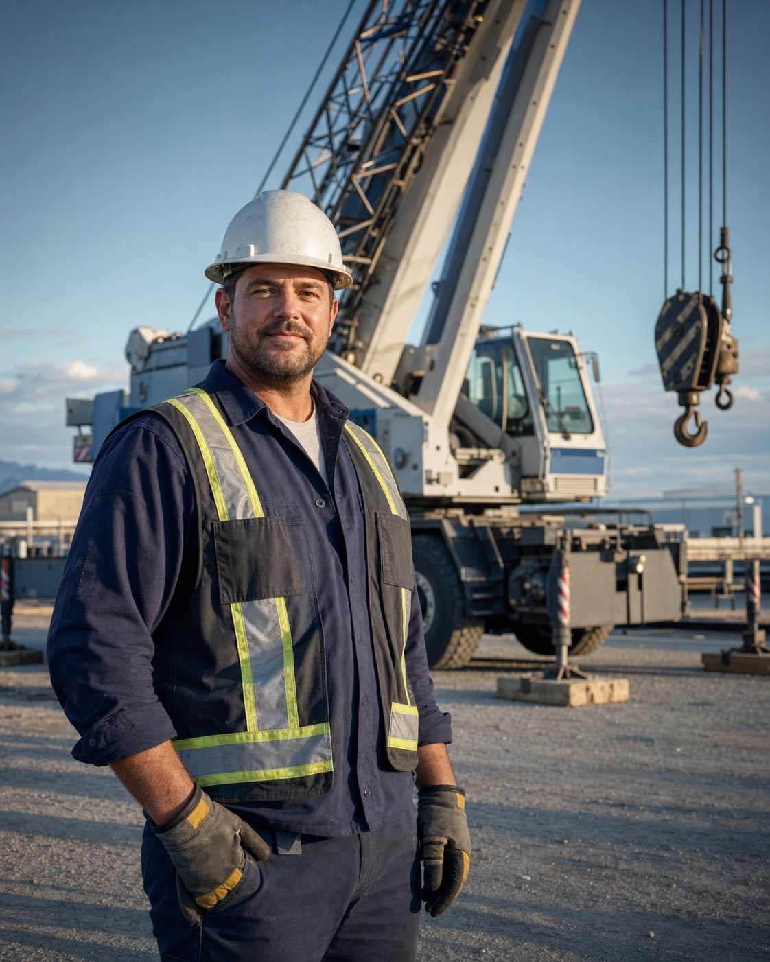 Crane operator standing beside a mobile crane