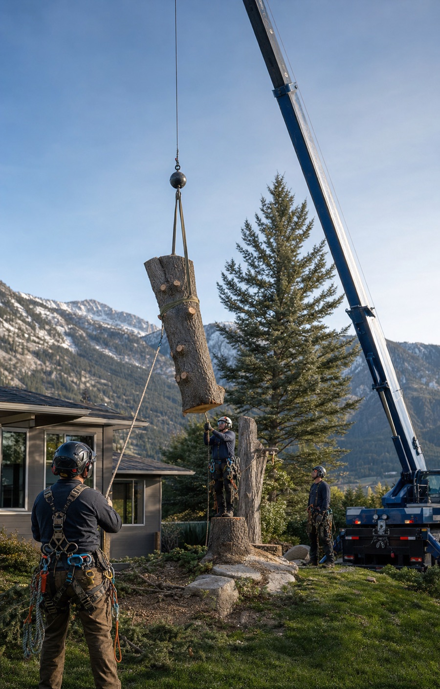 Crane assisting with controlled tree removal