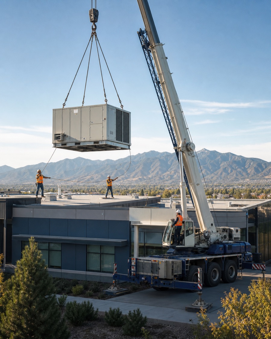 Crane lifting a commercial HVAC unit