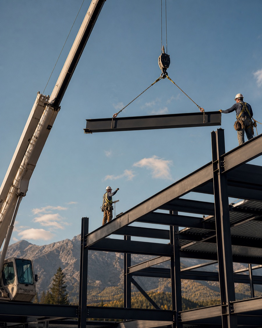 Crane placing a structural steel beam