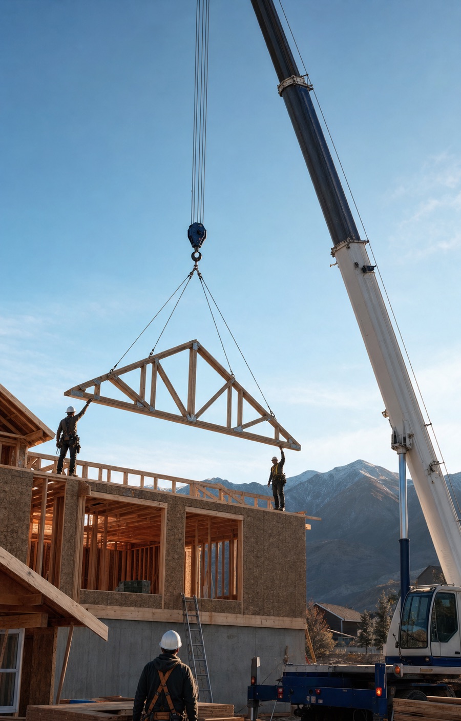 Crane setting wood roof trusses